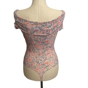 Cristina Martinez Off the Shoulder Bodysuit  pink teal doodle artsy top New S